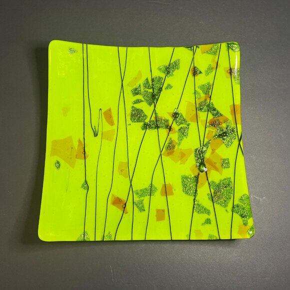 Art Deco Green Black Abstract Square Art Glass Lined & Glitter Flaked Plate 10" - Picture 5 of 6